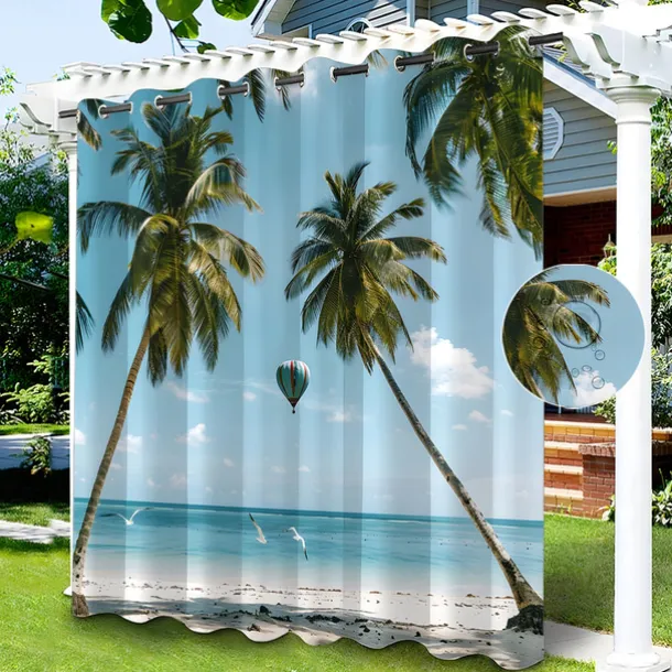 Waterproof Outdoor Curtain Privacy, Sliding Patio Curtain Drapes, Pergola Curtains Grommet Beach Palm Trees Landscape For Gazebo, Balcony, Porch, Party, 1 Panel
