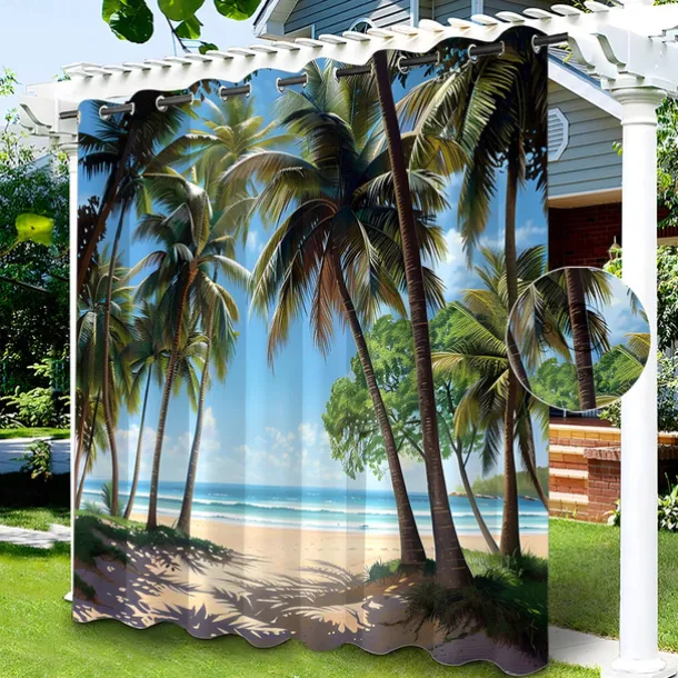 Waterproof Outdoor Curtain Privacy, Sliding Patio Curtain Drapes, Pergola Curtains Grommet Beach Palm Trees Landscape For Gazebo, Balcony, Porch, Party, 1 Panel