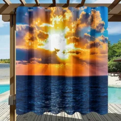 Waterproof Outdoor Curtain Privacy, Sliding Patio Curtain Drapes, Pergola Curtains Grommet 3D Summer Beach Sunset Landscape For Gazebo, Balcony, Porch, Party, 1 Panel