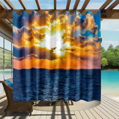 Waterproof Outdoor Curtain Privacy, Sliding Patio Curtain Drapes, Pergola Curtains Grommet 3D Summer Beach Sunset Landscape For Gazebo, Balcony, Porch, Party, 1 Panel