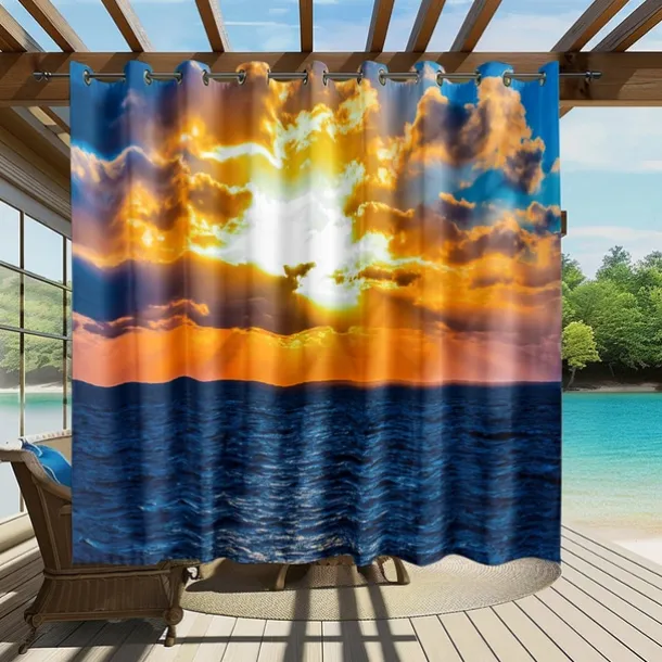 Waterproof Outdoor Curtain Privacy, Sliding Patio Curtain Drapes, Pergola Curtains Grommet 3D Summer Beach Sunset Landscape For Gazebo, Balcony, Porch, Party, 1 Panel