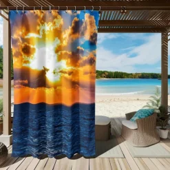 Waterproof Outdoor Curtain Privacy, Sliding Patio Curtain Drapes, Pergola Curtains Grommet 3D Summer Beach Sunset Landscape For Gazebo, Balcony, Porch, Party, 1 Panel