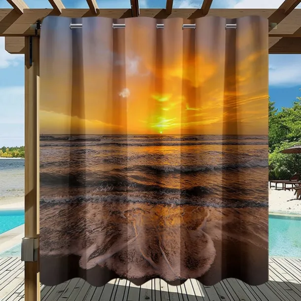 Waterproof Outdoor Curtain Privacy, Sliding Patio Curtain Drapes, Pergola Curtains Grommet 3D Summer Beach Sunset Landscape For Gazebo, Balcony, Porch, Party, 1 Panel