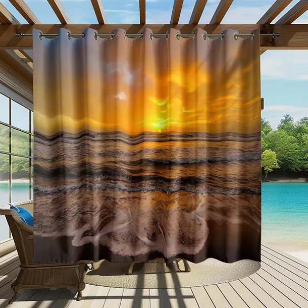 Waterproof Outdoor Curtain Privacy, Sliding Patio Curtain Drapes, Pergola Curtains Grommet 3D Summer Beach Sunset Landscape For Gazebo, Balcony, Porch, Party, 1 Panel