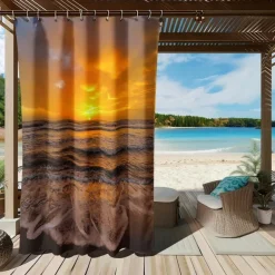 Waterproof Outdoor Curtain Privacy, Sliding Patio Curtain Drapes, Pergola Curtains Grommet 3D Summer Beach Sunset Landscape For Gazebo, Balcony, Porch, Party, 1 Panel