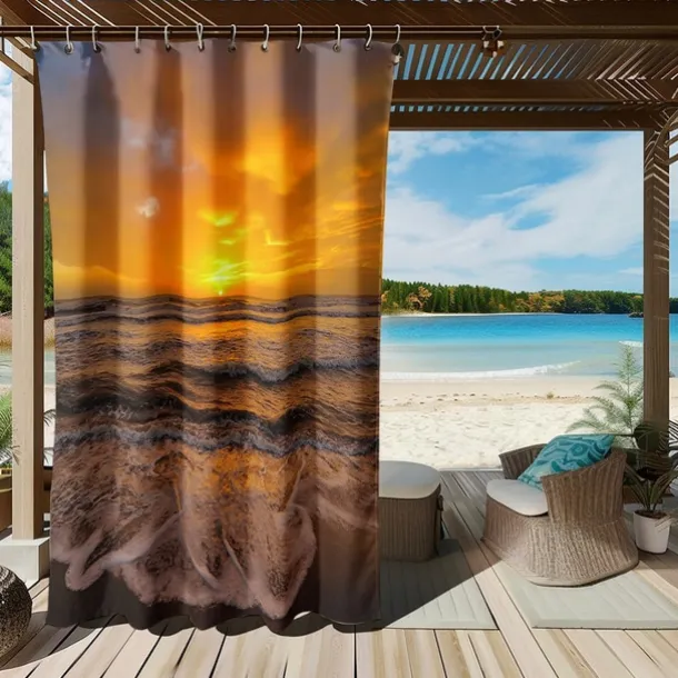 Waterproof Outdoor Curtain Privacy, Sliding Patio Curtain Drapes, Pergola Curtains Grommet 3D Summer Beach Sunset Landscape For Gazebo, Balcony, Porch, Party, 1 Panel