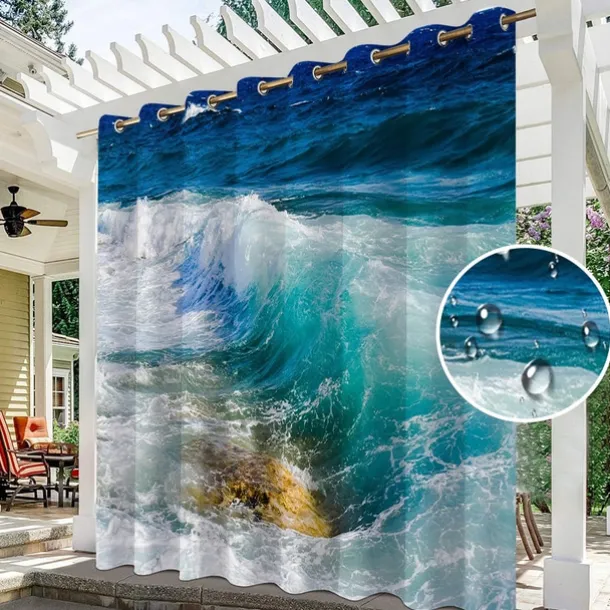 Waterproof Outdoor Curtain Privacy, Sliding Patio Curtain Drapes, Pergola Curtains Grommet 3D Ocean Wave Landscape For Gazebo, Balcony, Porch, Party, 1 Panel