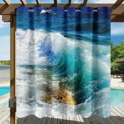 Waterproof Outdoor Curtain Privacy, Sliding Patio Curtain Drapes, Pergola Curtains Grommet 3D Ocean Wave Landscape For Gazebo, Balcony, Porch, Party, 1 Panel