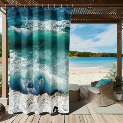 Waterproof Outdoor Curtain Privacy, Sliding Patio Curtain Drapes, Pergola Curtains Grommet 3D Ocean Wave Landscape For Gazebo, Balcony, Porch, Party, 1 Panel