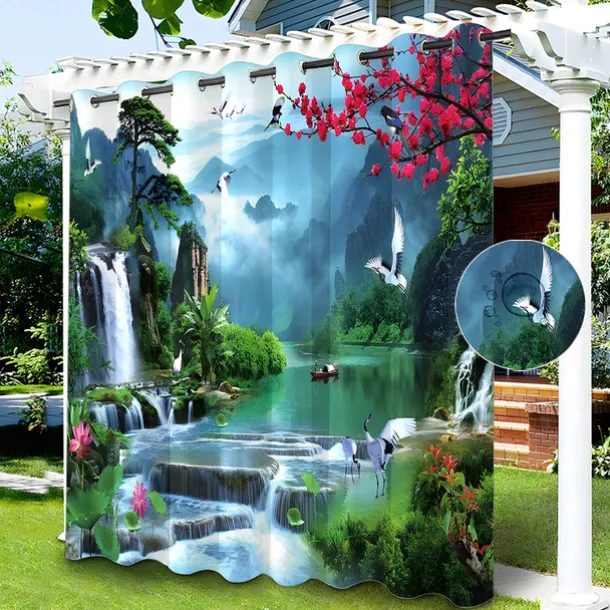 Waterproof Outdoor Curtain Privacy, Sliding Patio Curtain Drapes, Pergola Curtains Grommet Chinese Landscape For Gazebo, Balcony, Porch, Party, 1 Panel