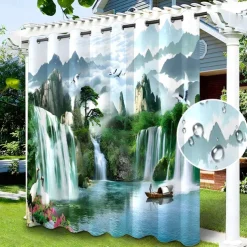 Waterproof Outdoor Curtain Privacy, Sliding Patio Curtain Drapes, Pergola Curtains Grommet Chinese Landscape For Gazebo, Balcony, Porch, Party, 1 Panel