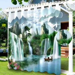 Waterproof Outdoor Curtain Privacy, Sliding Patio Curtain Drapes, Pergola Curtains Grommet Chinese Landscape For Gazebo, Balcony, Porch, Party, 1 Panel