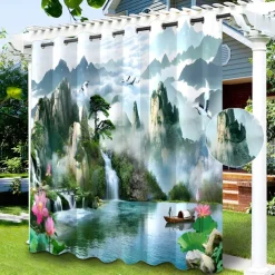 Waterproof Outdoor Curtain Privacy, Sliding Patio Curtain Drapes, Pergola Curtains Grommet Chinese Landscape For Gazebo, Balcony, Porch, Party, 1 Panel