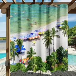 Waterproof Outdoor Curtain Privacy, Sliding Patio Curtain Drapes, Pergola Curtains Grommet 3D Summer Beach Palm Trees Landscape For Gazebo, Balcony, Porch, Party, 1 Panel