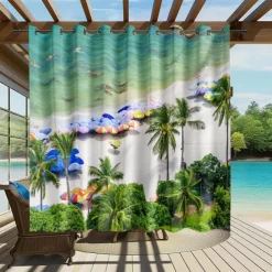 Waterproof Outdoor Curtain Privacy, Sliding Patio Curtain Drapes, Pergola Curtains Grommet 3D Summer Beach Palm Trees Landscape For Gazebo, Balcony, Porch, Party, 1 Panel