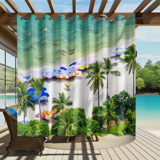 Waterproof Outdoor Curtain Privacy, Sliding Patio Curtain Drapes, Pergola Curtains Grommet 3D Summer Beach Palm Trees Landscape For Gazebo, Balcony, Porch, Party, 1 Panel