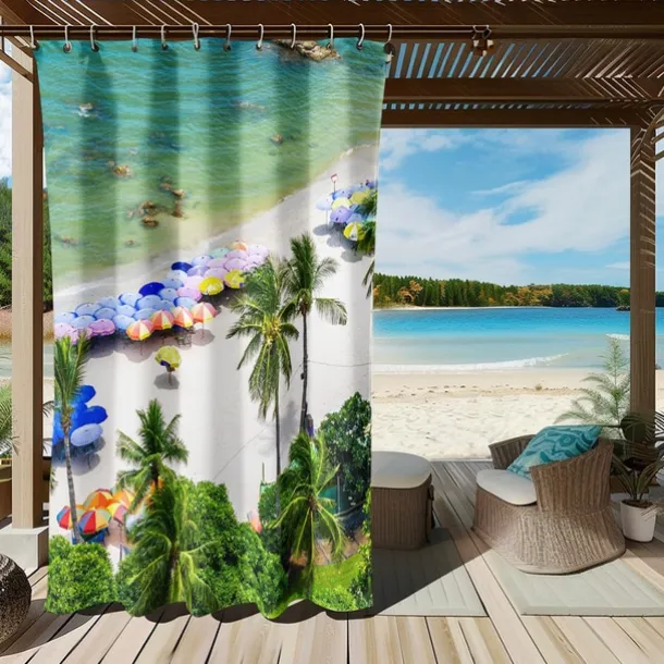 Waterproof Outdoor Curtain Privacy, Sliding Patio Curtain Drapes, Pergola Curtains Grommet 3D Summer Beach Palm Trees Landscape For Gazebo, Balcony, Porch, Party, 1 Panel