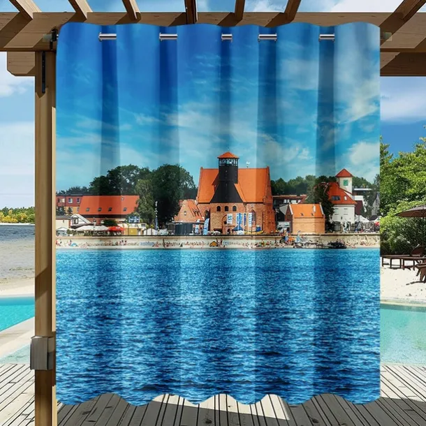 Waterproof Outdoor Curtain Privacy, Sliding Patio Curtain Drapes, Pergola Curtains Grommet 3D Summer Beach Palm Trees Landscape For Gazebo, Balcony, Porch, Party, 1 Panel