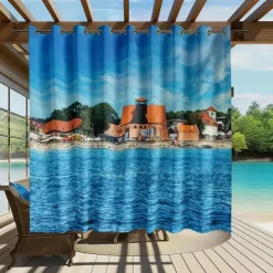 Waterproof Outdoor Curtain Privacy, Sliding Patio Curtain Drapes, Pergola Curtains Grommet 3D Summer Beach Palm Trees Landscape For Gazebo, Balcony, Porch, Party, 1 Panel