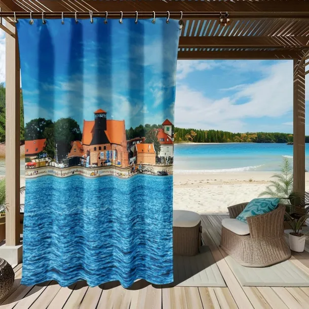 Waterproof Outdoor Curtain Privacy, Sliding Patio Curtain Drapes, Pergola Curtains Grommet 3D Summer Beach Palm Trees Landscape For Gazebo, Balcony, Porch, Party, 1 Panel