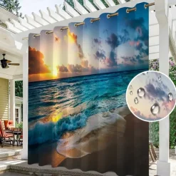 Waterproof Outdoor Curtain Privacy, Sliding Patio Curtain Drapes, Pergola Curtains Grommet 3D Summer Beach Ocean Landscape For Gazebo, Balcony, Porch, Party, 1 Panel