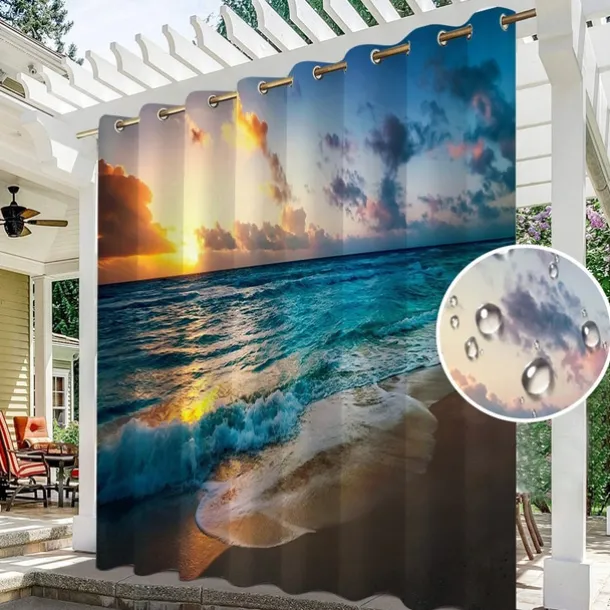 Waterproof Outdoor Curtain Privacy, Sliding Patio Curtain Drapes, Pergola Curtains Grommet 3D Summer Beach Ocean Landscape For Gazebo, Balcony, Porch, Party, 1 Panel