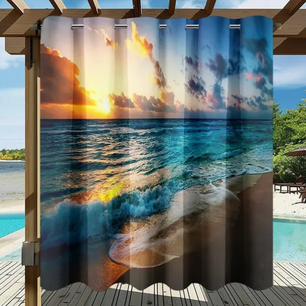 Waterproof Outdoor Curtain Privacy, Sliding Patio Curtain Drapes, Pergola Curtains Grommet 3D Summer Beach Ocean Landscape For Gazebo, Balcony, Porch, Party, 1 Panel