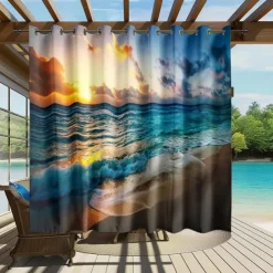 Waterproof Outdoor Curtain Privacy, Sliding Patio Curtain Drapes, Pergola Curtains Grommet 3D Summer Beach Ocean Landscape For Gazebo, Balcony, Porch, Party, 1 Panel
