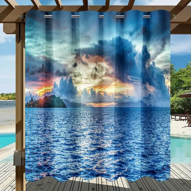 Waterproof Outdoor Curtain Privacy, Sliding Patio Curtain Drapes, Pergola Curtains Grommet 3D Summer Beach Ocean Landscape For Gazebo, Balcony, Porch, Party, 1 Panel