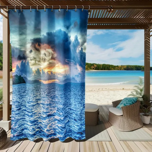 Waterproof Outdoor Curtain Privacy, Sliding Patio Curtain Drapes, Pergola Curtains Grommet 3D Summer Beach Ocean Landscape For Gazebo, Balcony, Porch, Party, 1 Panel