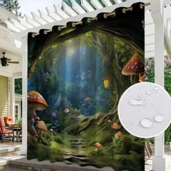 Waterproof Outdoor Curtain Privacy, Outdoor Shades, Sliding Patio Curtain Drapes, Pergola Curtains Grommet Mushroom Forest For Gazebo, Balcony, Porch, Party