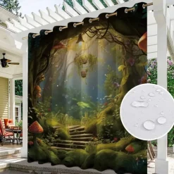 Waterproof Outdoor Curtain Privacy, Outdoor Shades, Sliding Patio Curtain Drapes, Pergola Curtains Grommet Mushroom Forest For Gazebo, Balcony, Porch, Party