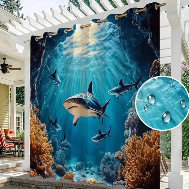 Waterproof Outdoor Curtain Privacy, Sliding Patio Curtain Drapes, Pergola Curtains Grommet 3D Ocean Sharks Landscape For Gazebo, Balcony, Porch, Party, 1 Panel