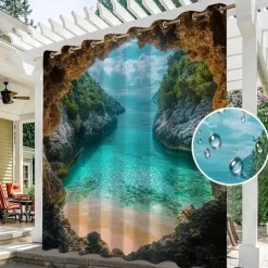 Waterproof Outdoor Curtain Privacy, Sliding Patio Curtain Drapes, Pergola Curtains Grommet 3D Ocean Cave Landscape For Gazebo, Balcony, Porch, Party, 1 Panel
