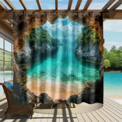 Waterproof Outdoor Curtain Privacy, Sliding Patio Curtain Drapes, Pergola Curtains Grommet 3D Ocean Cave Landscape For Gazebo, Balcony, Porch, Party, 1 Panel