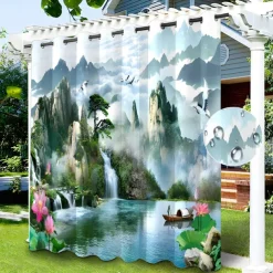 Waterproof Outdoor Curtain Privacy, Sliding Patio Curtain Drapes, Pergola Curtains Grommet 3D Nature Landscape for Gazebo, Balcony, Porch, Party, 1 Panel