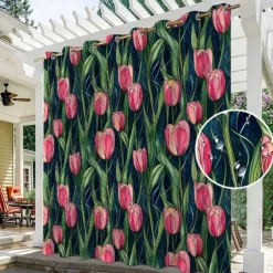 Waterproof Outdoor Curtain Privacy, Sliding Patio Curtain Drapes, Pergola Curtains Grommet 3D Summer Tulips Landscape For Gazebo, Balcony, Porch, Party, 1 Panel