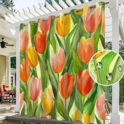 Waterproof Outdoor Curtain Privacy, Sliding Patio Curtain Drapes, Pergola Curtains Grommet 3D Summer Tulips Landscape For Gazebo, Balcony, Porch, Party, 1 Panel