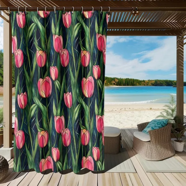 Waterproof Outdoor Curtain Privacy, Sliding Patio Curtain Drapes, Pergola Curtains Grommet 3D Summer Tulips Landscape For Gazebo, Balcony, Porch, Party, 1 Panel