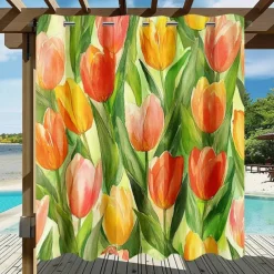Waterproof Outdoor Curtain Privacy, Sliding Patio Curtain Drapes, Pergola Curtains Grommet 3D Summer Tulips Landscape For Gazebo, Balcony, Porch, Party, 1 Panel