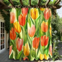 Waterproof Outdoor Curtain Privacy, Sliding Patio Curtain Drapes, Pergola Curtains Grommet 3D Summer Tulips Landscape For Gazebo, Balcony, Porch, Party, 1 Panel