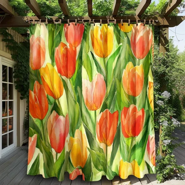 Waterproof Outdoor Curtain Privacy, Sliding Patio Curtain Drapes, Pergola Curtains Grommet 3D Summer Tulips Landscape For Gazebo, Balcony, Porch, Party, 1 Panel