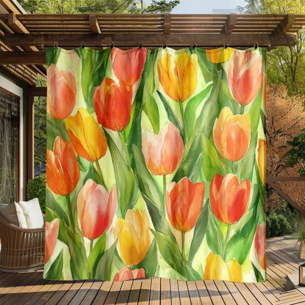 Waterproof Outdoor Curtain Privacy, Sliding Patio Curtain Drapes, Pergola Curtains Grommet 3D Summer Tulips Landscape For Gazebo, Balcony, Porch, Party, 1 Panel