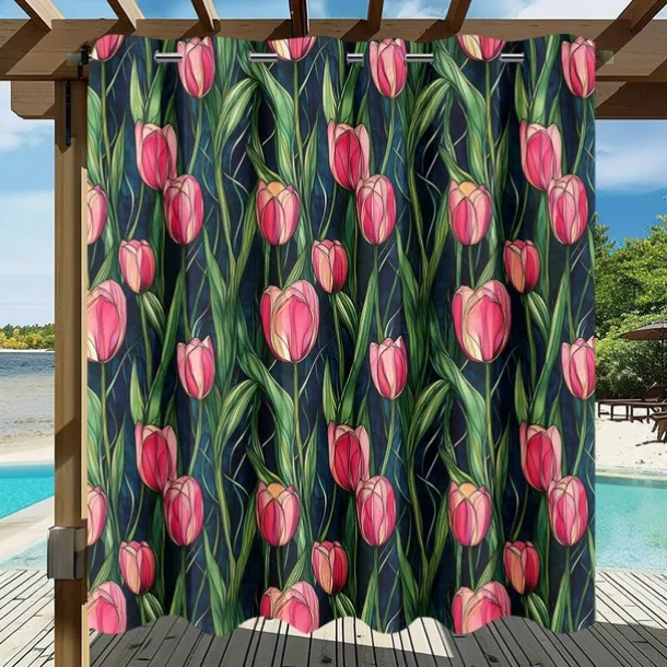 Waterproof Outdoor Curtain Privacy, Sliding Patio Curtain Drapes, Pergola Curtains Grommet 3D Summer Tulips Landscape For Gazebo, Balcony, Porch, Party, 1 Panel