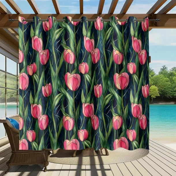 Waterproof Outdoor Curtain Privacy, Sliding Patio Curtain Drapes, Pergola Curtains Grommet 3D Summer Tulips Landscape For Gazebo, Balcony, Porch, Party, 1 Panel