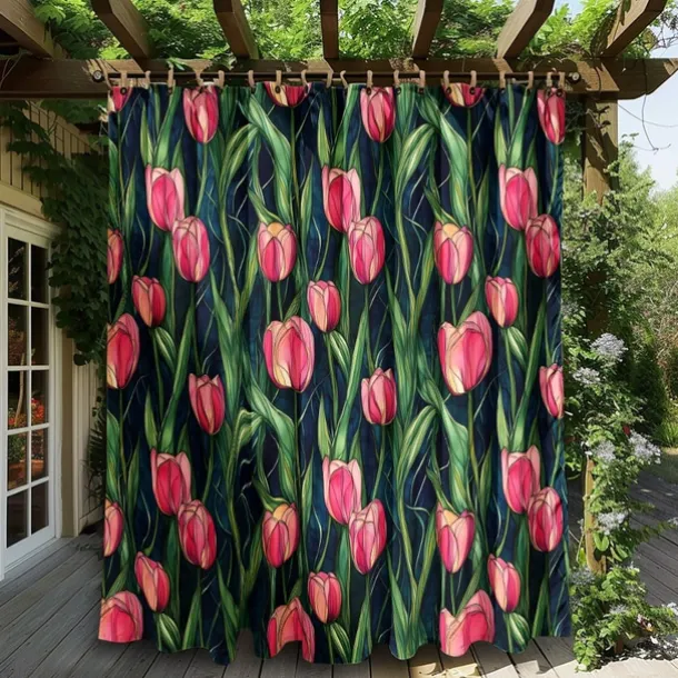 Waterproof Outdoor Curtain Privacy, Sliding Patio Curtain Drapes, Pergola Curtains Grommet 3D Summer Tulips Landscape For Gazebo, Balcony, Porch, Party, 1 Panel