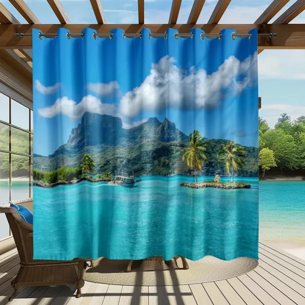 Waterproof Outdoor Curtain Privacy, Sliding Patio Curtain Drapes, Pergola Curtains Grommet 3D Ocean Island Landscape For Gazebo, Balcony, Porch, Party, 1 Panel