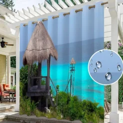 Waterproof Outdoor Curtain Privacy, Sliding Patio Curtain Drapes, Pergola Curtains Grommet 3D Ocean Vacation Landscape For Gazebo, Balcony, Porch, Party, 1 Panel