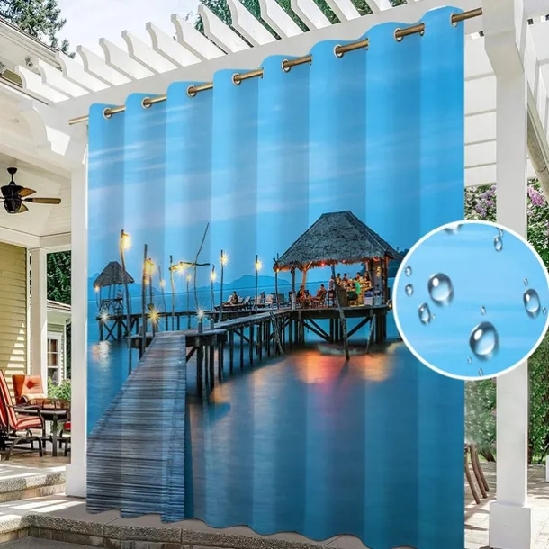 Waterproof Outdoor Curtain Privacy, Sliding Patio Curtain Drapes, Pergola Curtains Grommet 3D Ocean Vacation Landscape For Gazebo, Balcony, Porch, Party, 1 Panel