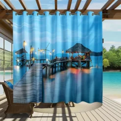 Waterproof Outdoor Curtain Privacy, Sliding Patio Curtain Drapes, Pergola Curtains Grommet 3D Ocean Vacation Landscape For Gazebo, Balcony, Porch, Party, 1 Panel